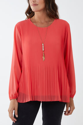 Pleated Long Sleeve Necklace Top