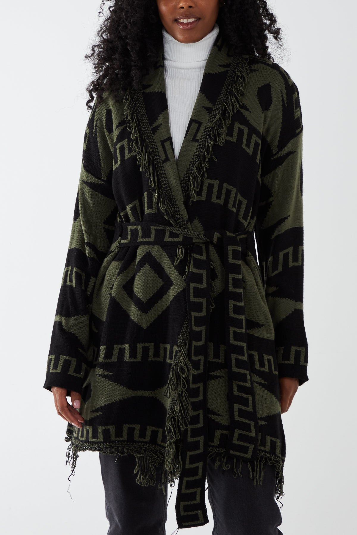 Aztec Jacquard Pattern Fringe Tie Cardigan