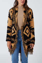 Aztec Jacquard Pattern Fringe Tie Cardigan