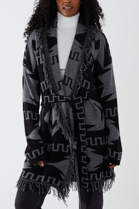 Aztec Jacquard Pattern Fringe Tie Cardigan