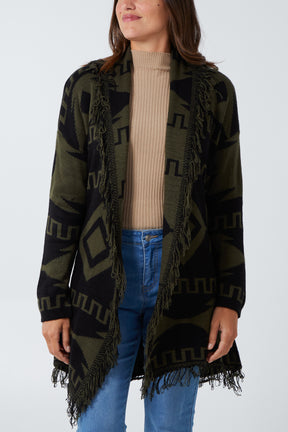 Aztec Jacquard Pattern Fringe Tie Cardigan