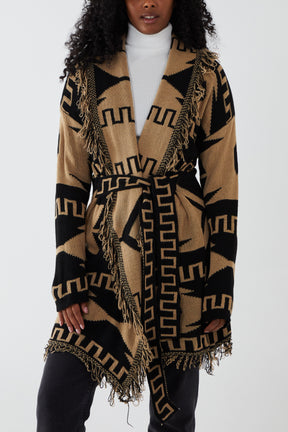 Aztec Jacquard Pattern Fringe Tie Cardigan