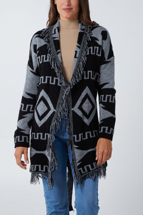 Aztec Jacquard Pattern Fringe Tie Cardigan