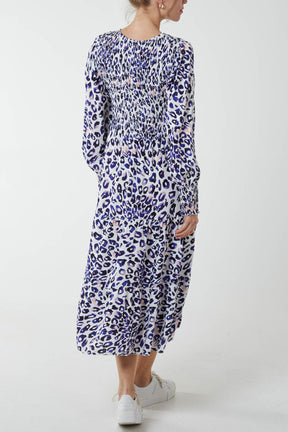 Shirred Leopard Print Midi Dress