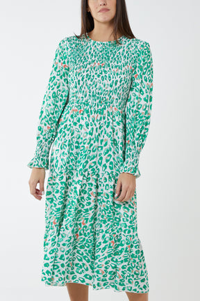 Shirred Leopard Print Midi Dress