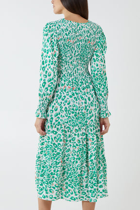 Shirred Leopard Print Midi Dress