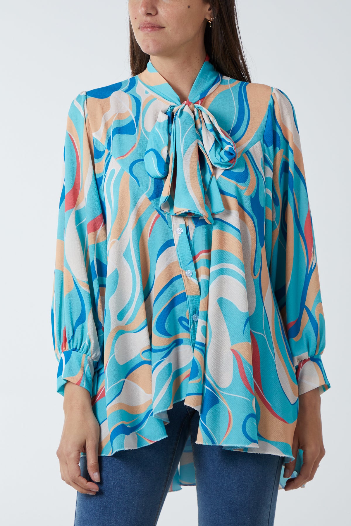 Abstract Swirl Pussy Bow Blouse