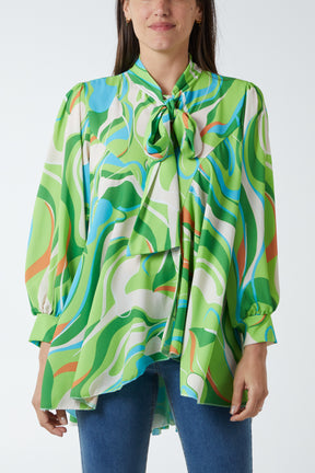 Abstract Swirl Pussy Bow Blouse