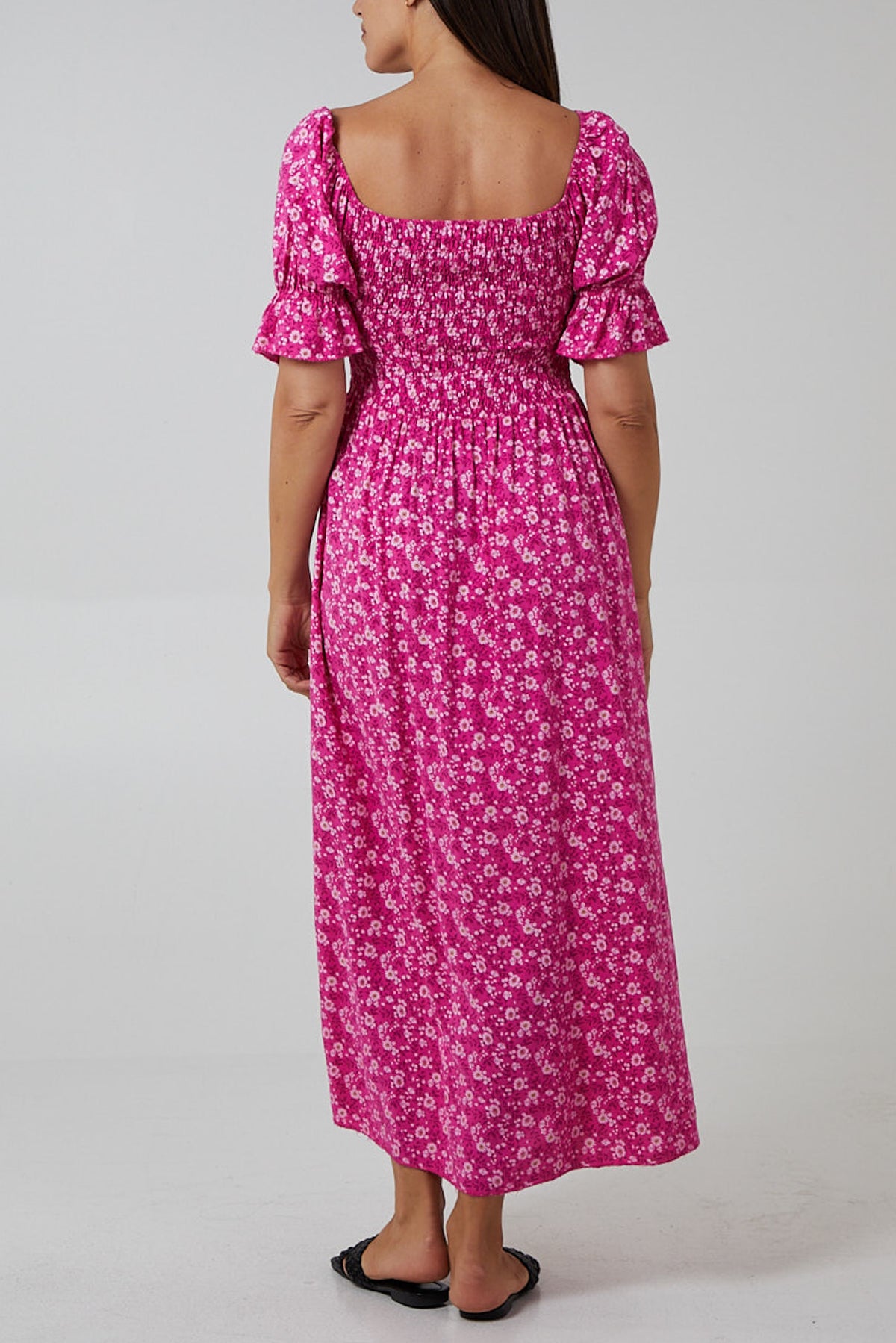 Puff Sleeve Floral Shirred Bodice Dress