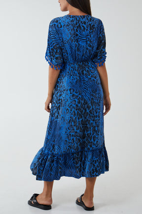 Leopard Tiered Tassel Trim Midi Dress