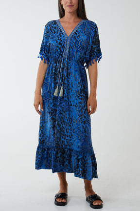 Leopard Tiered Tassel Trim Midi Dress