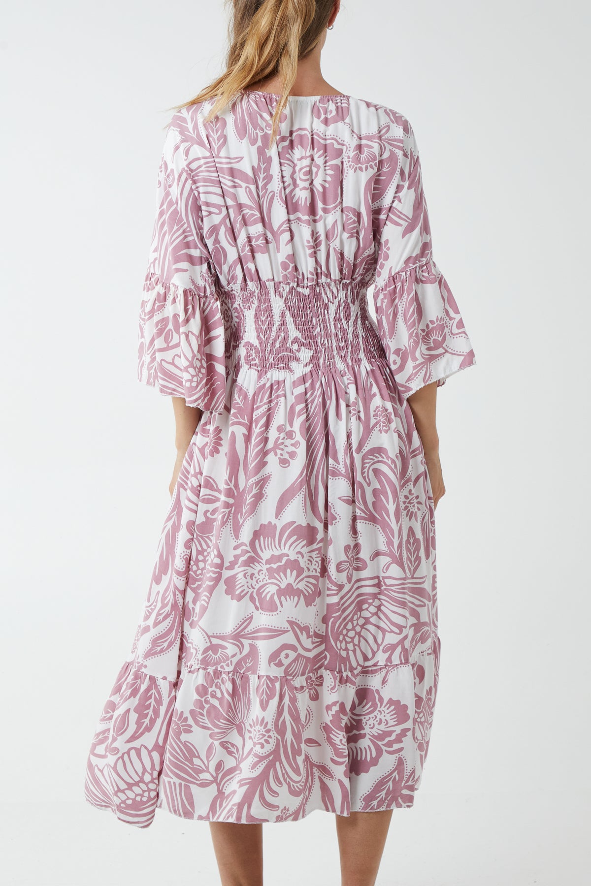 Monochromatic Floral Shirred Bodice Midi Dress
