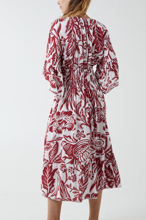 Monochromatic Floral Shirred Bodice Midi Dress
