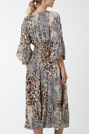 Mixed Animal Print Shirred Midi Dress