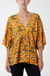 Giraffe Print V-Neck Smock Blouse