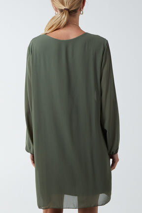 Long Sleeve Pleated Necklace Mini Shift Dress