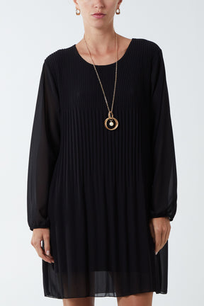 Long Sleeve Pleated Necklace Mini Shift Dress