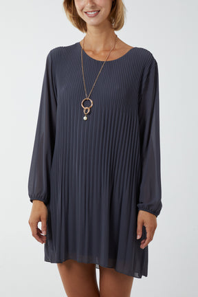 Long Sleeve Pleated Necklace Mini Shift Dress