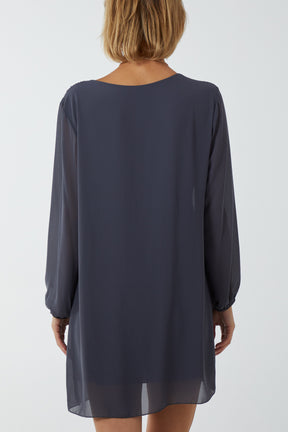 Long Sleeve Pleated Necklace Mini Shift Dress