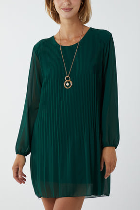 Long Sleeve Pleated Necklace Mini Shift Dress