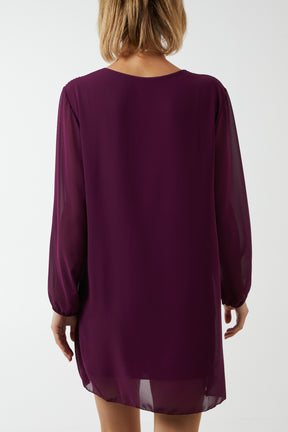 Long Sleeve Pleated Necklace Mini Shift Dress