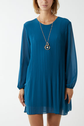 Long Sleeve Pleated Necklace Mini Shift Dress