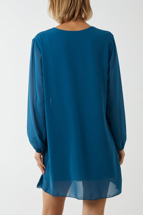 Long Sleeve Pleated Necklace Mini Shift Dress