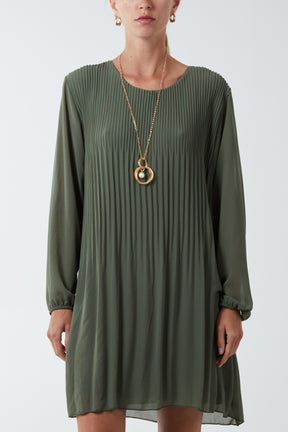 Long Sleeve Pleated Necklace Mini Shift Dress