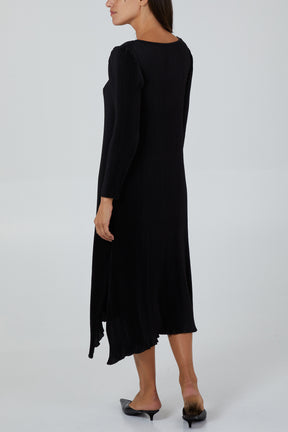 Plisse Long Sleeve Dip Hem Midi Dress