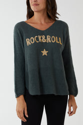 'Rock & Roll' Woven Metallic V-Neck Jumper