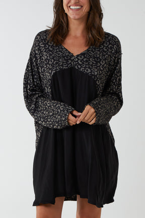 Satin Leopard Print Panel Smock Tunic Dress