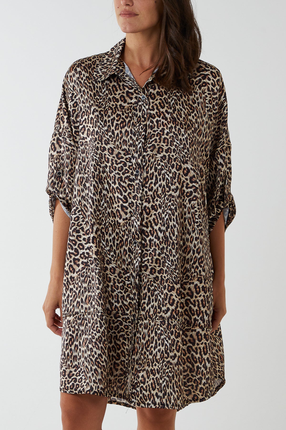 Satin Leopard Print Shirt Dress