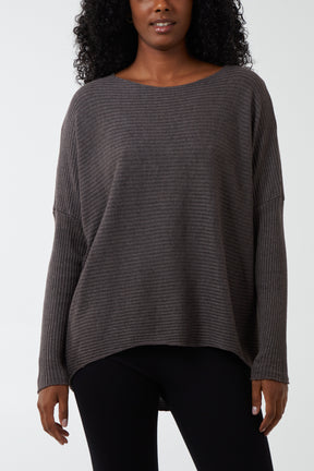 Ribbed Slash Neck Batwing Jumper