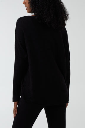 Ribbed Slash Neck Batwing Jumper