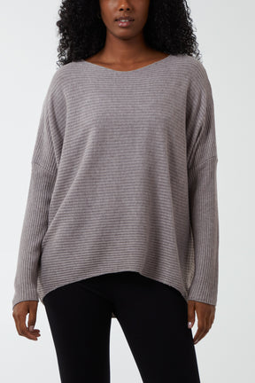 Ribbed Slash Neck Batwing Jumper