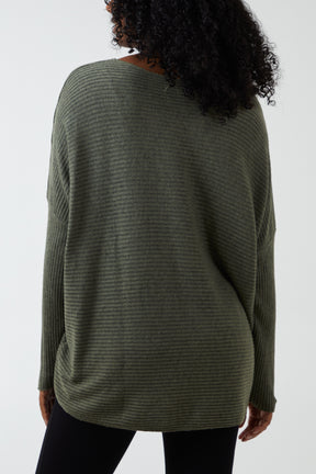 Ribbed Slash Neck Batwing Jumper