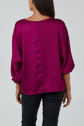 Satin Keyhole Neck 3/4 Sleeves Blouse