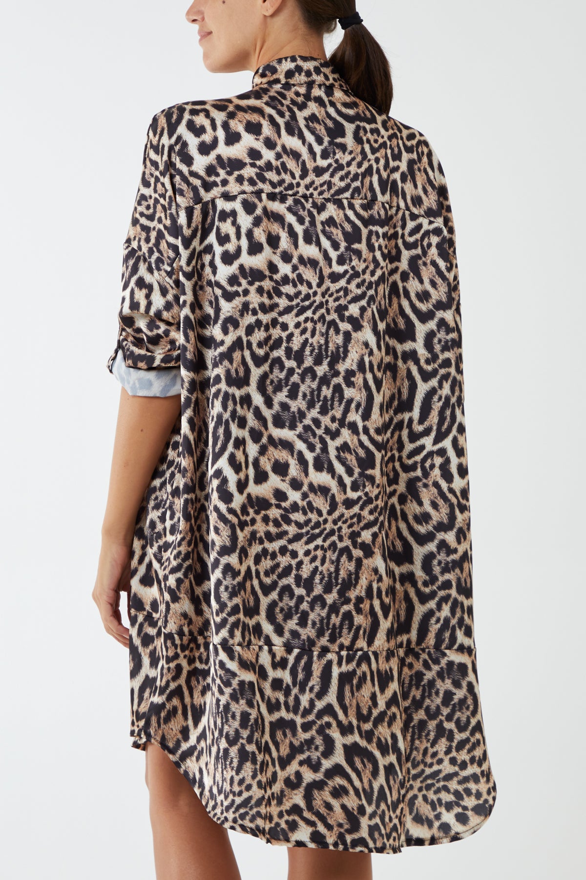 Satin Leopard Buttoned Sleeve Shirt Dress