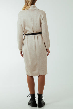 Roll Neck Belted Knitted Midi Dress