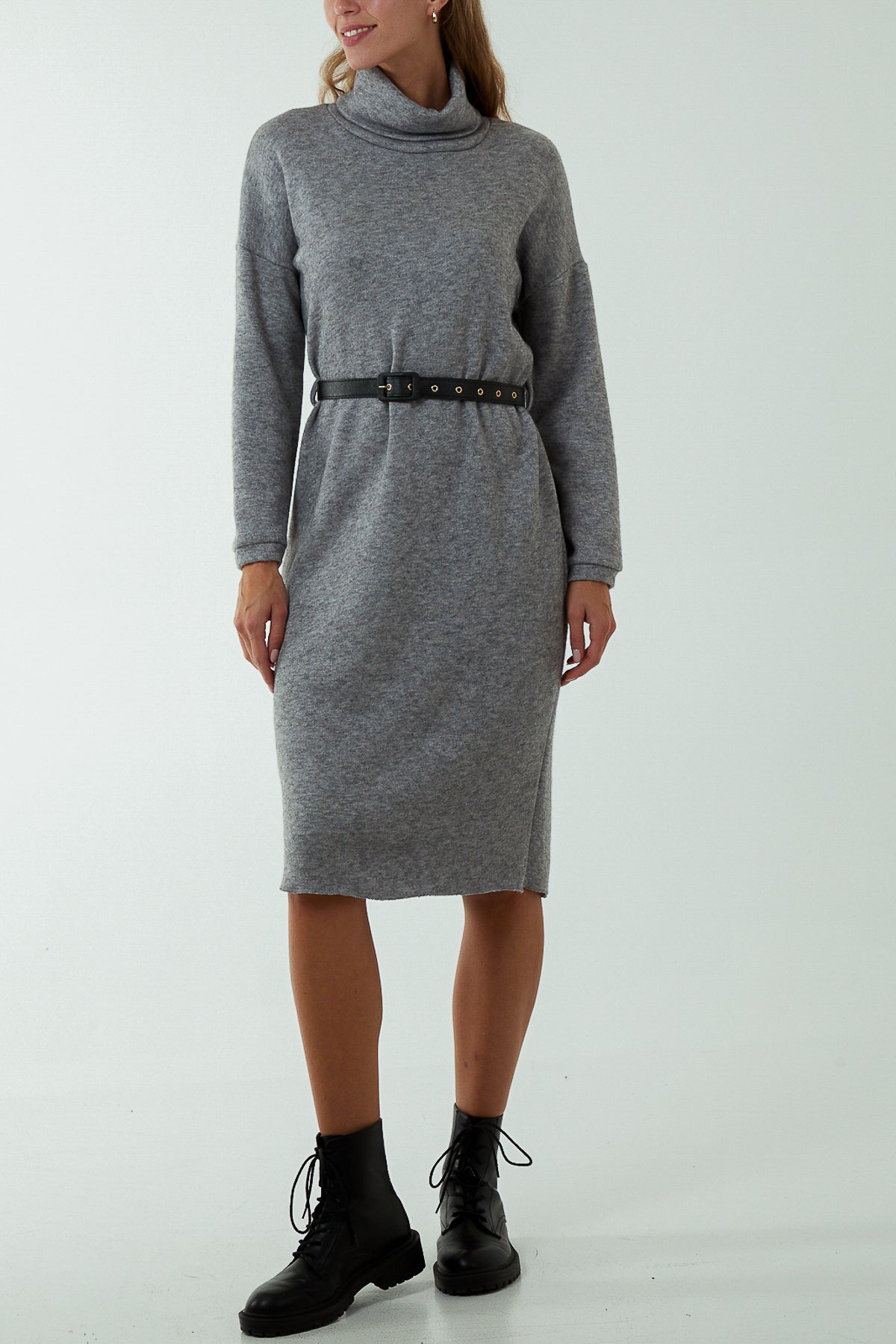 Roll Neck Belted Knitted Midi Dress