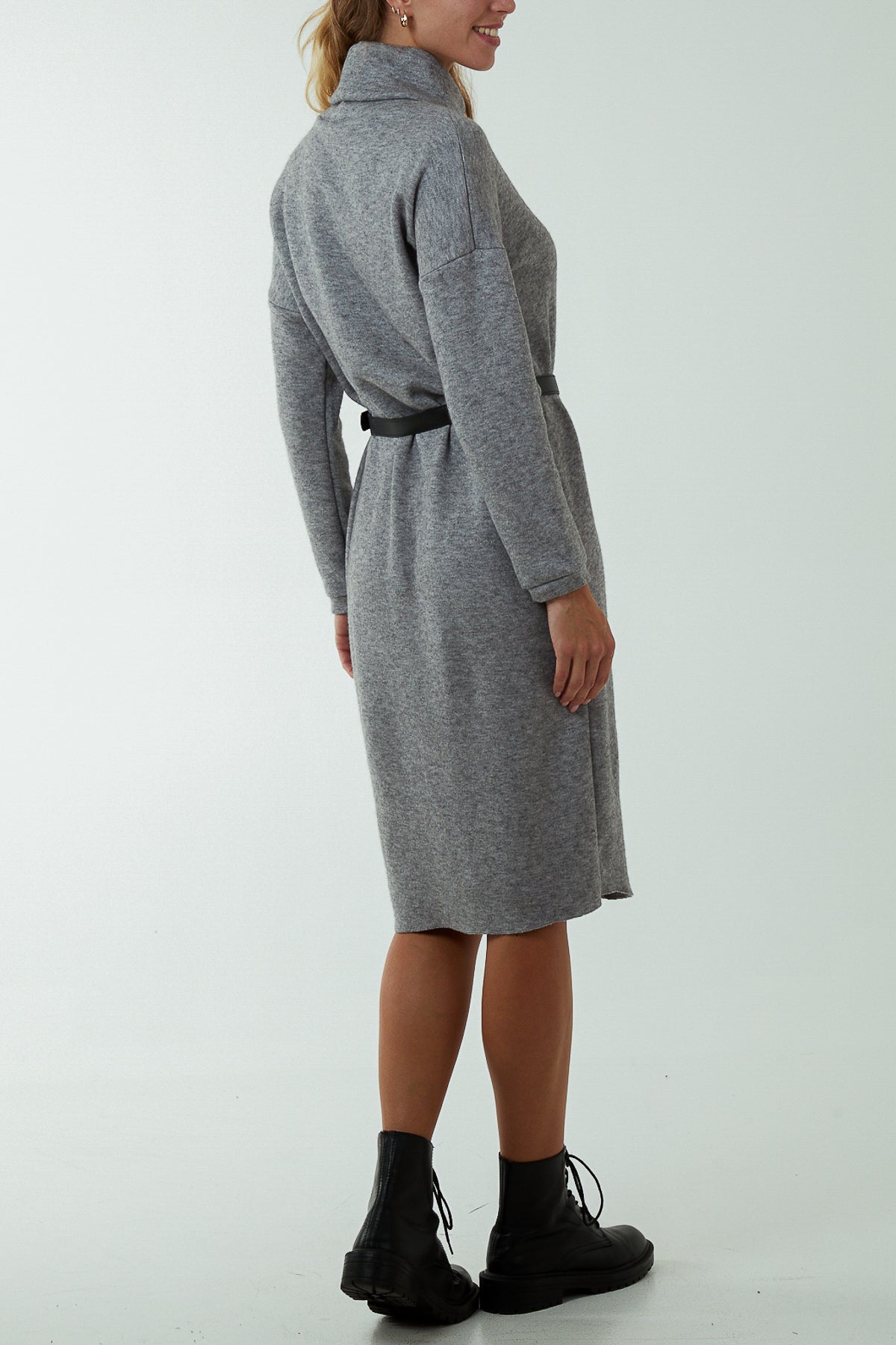 Roll Neck Belted Knitted Midi Dress