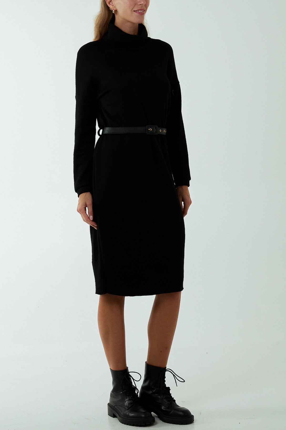 Roll Neck Belted Knitted Midi Dress