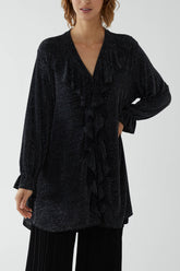 Glitter Lurex Ruffle Flounce Button Blouse