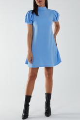 High Neck Puff Sleeve Mini Shift Dress