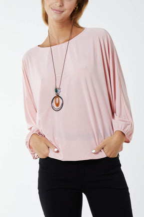 Round Neck Bubble Hem Necklace Blouse