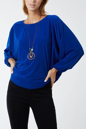 Round Neck Bubble Hem Necklace Blouse