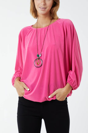 Round Neck Bubble Hem Necklace Blouse