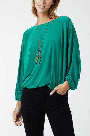 Round Neck Bubble Hem Necklace Blouse