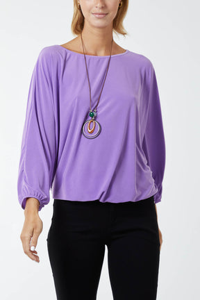 Round Neck Bubble Hem Necklace Blouse