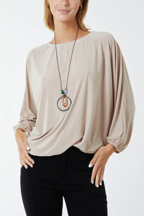 Round Neck Bubble Hem Necklace Blouse